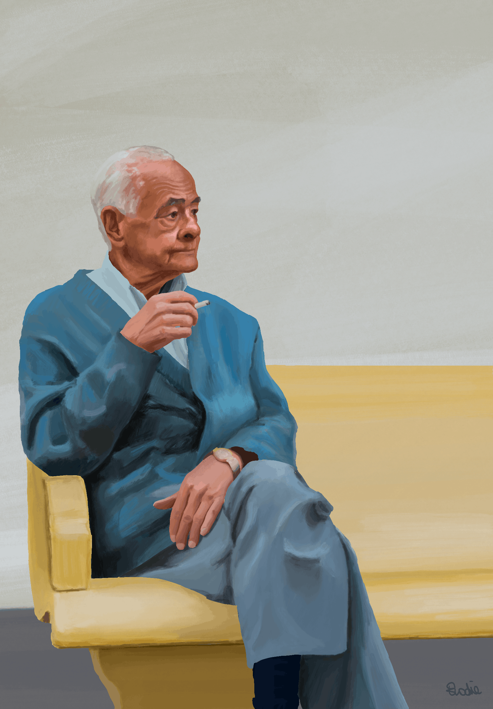 Digital painting of a man on a yello bench
